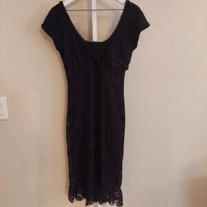 Black Lace Midi Dress Medium‎ Pencil Baby Doll Ruffle Hem Whimsigoth Witchy